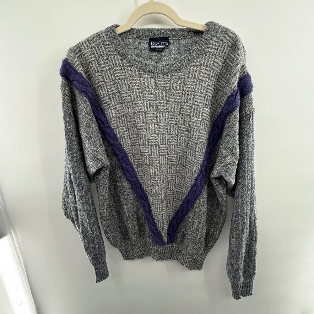 80s Bay Club Sweater Vintage Gray Purple Geometric Cable Knit Size XL